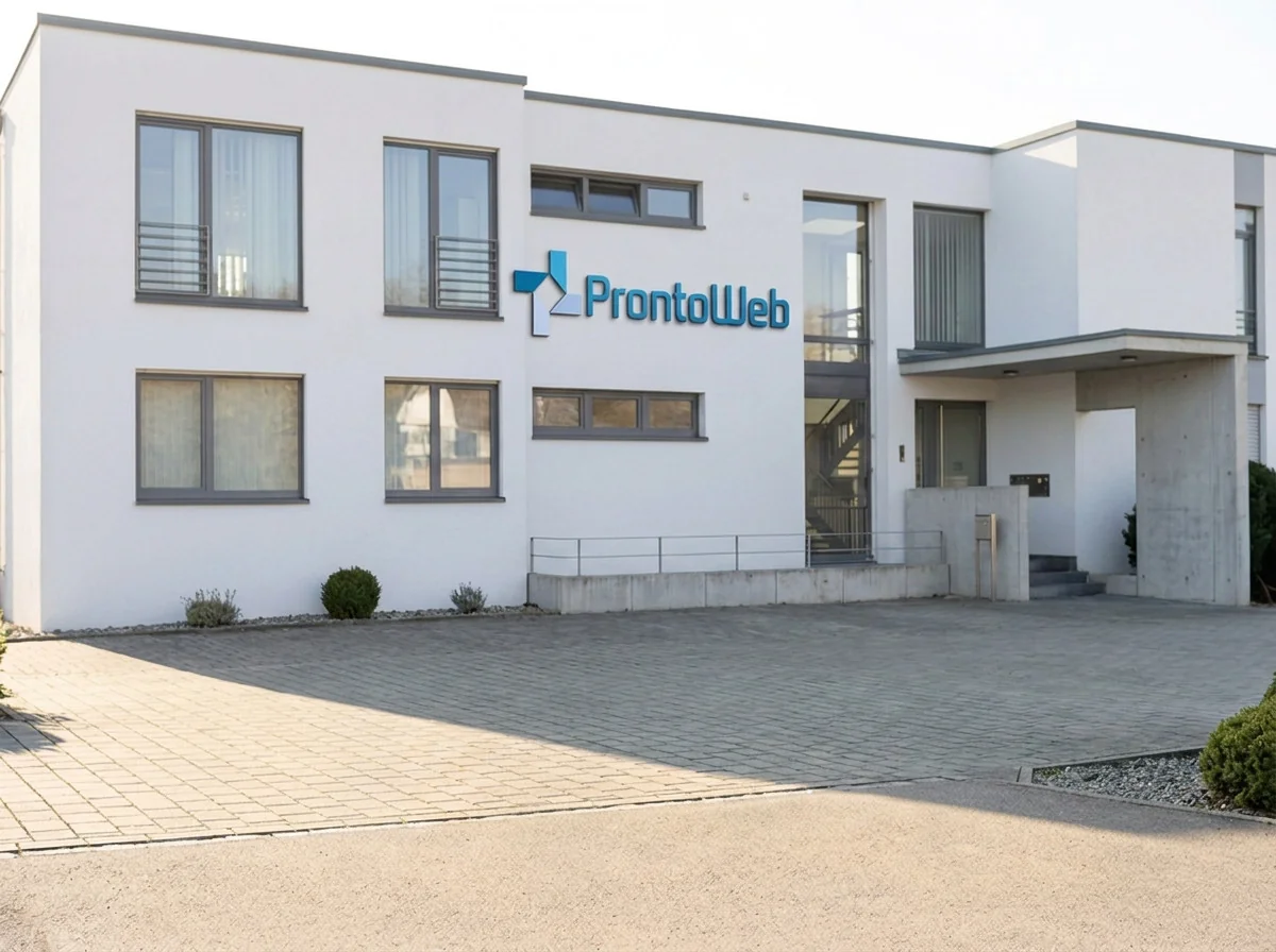 Firmengebäude der ProntoWeb GmbH in Ulm mit ProntoWeb-Schriftzug an der Fassade